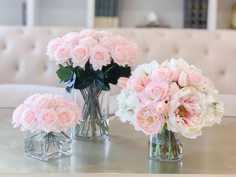 Finest Modern Real Touch Silk Flower Arrangements by flovery Pink Tulips Arrangement, White Hydrangea Centerpieces, Pink Centerpieces, Peony Arrangement, Rose Floral Arrangements, Tulips Arrangement, Rose Flower Arrangements, Hydrangea Centerpiece, Peonies And Hydrangeas