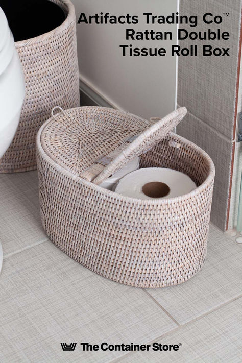 This oval basket has been artisan-crafted for a fresh look and durable functionality. Designed to store two tissue rolls, it can sit neatly on top of your tank or bathroom shelf. The hinged lid conceals content. Tightly woven for stability, this tissue holder can bring calm order to guest baths and busy powder rooms. Made of hand-woven, renewable, natural rattan, it's available in three colors. Double Toilet Roll Holder, Toilet Paper Cover, Toilet Paper Roll Holder, Toilet Paper Storage, Tissue Box Cover, Container Store, Toilet Roll Holder, Roll Holder, Toilet Roll