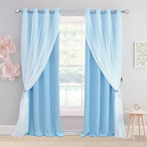 Amazon.com: SOFJAGETQ Light Blue Blackout Curtains 84 inch Length - Double Layers Blue Romantic Curtains with Sheer Overlay, Window Curtains & Drapes for Kids/Girls/Boys Bedroom Living Room Nursery, 2 PCs : Home & Kitchen Blue Curtains Bedroom, Light Blue Curtains, Romantic Curtains, Blue Blackout Curtains, Bedroom Drapes, Layered Curtains, Makeover Bedroom, Black Dining Room, Room Partition Designs