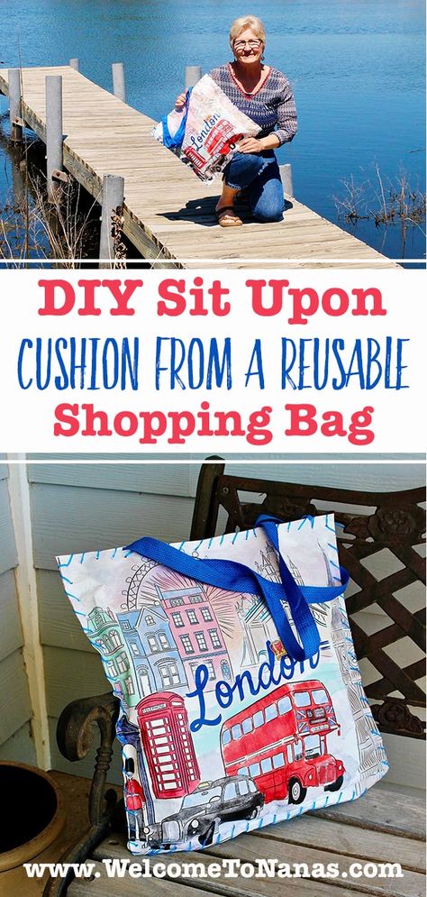 Grab your DIY Sit-Upon Cushion from a Reusable Shopping Bag by the handles and take it outside. Waterproof to sit-upon, and easy to make! #WelcometoNanas #SitUponCushion #Upcycle #DIYCushion Upcycle Reusable Shopping Bags, Sit Upons Diy, Sit Upon, Scout Projects, Weaving For Kids, Diy Cushion, Field Trips, Crafts For Kids To Make, Craft Night