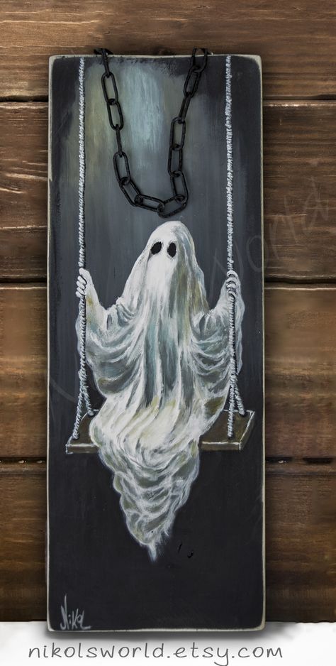 Fall Paintings On Wood, Acrylic Painting Ideas On Canvas Aesthetic, Halloween Signs Wooden, Ghost Pic, Scary Halloween Crafts, Ghost Paintings, Painting Steps, Halloween Blocks, Ghost Painting