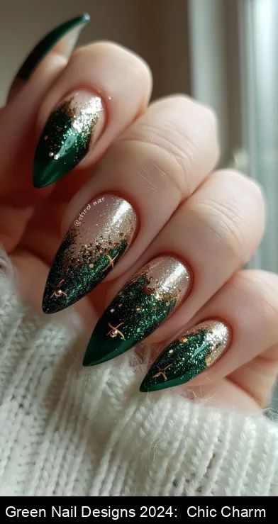 Explore the latest in nail art with these chic green nail designs for 2024! Add a touch of glamour to your style. #nailart #GreenNailDesigns Black Green Gold Nails, Slytherin Nail Art, Packers Nails, Loki Nails, Green And Gold Nail Designs, Green Gold Nails, Prom Nails Green, Constellation Nail Art, Chipped Nails