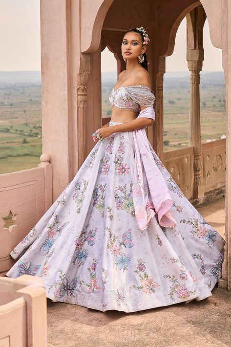 Light Grey Velvet Embroidered Lehenga Set Design by Lashkaraa at Pernia's Pop Up Shop 2024 Carnival Dress, Velvet Lehenga, Butterfly Motif, Padded Blouse, Tulle Sleeves, Motif Pattern, Embroidered Lehenga, Wedding 2025, Embroidered Wedding