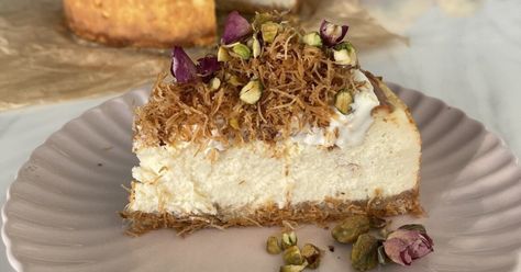 Best EVER Knafeh Cheesecake Recipe Knafeh Cheesecake, Kataifi Pastry, 8 Inch Cake, Large Tray, Cheesecake Recipe, Cake Tins, Vegetarian Cheese, Lemon Zest, Cheesecake Recipes