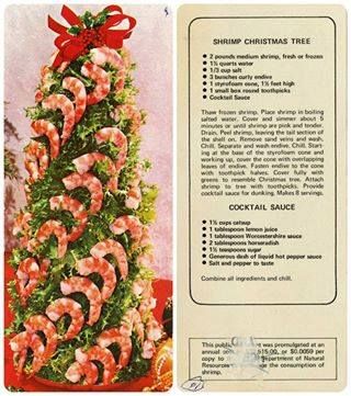 The holiday season is a time to feast on delectable treats, whether it is glazed ham, fruitcake, eggnog, or latke. In 1996, the Florida Department of Natural Resources wanted people to choose shrimp for their holiday festivities. The Department provided businesses and individuals with recipe cards for the Florida Shrimp Christmas Tree. The card included a colorful image of the tree and detailed instructions on how to create one at home. (Collection N2009-3, Box 139) #12DaysofFLChristmas Shrimp Christmas, Vintage Christmas Recipes, Christmas Tree Food, Christmas Appetizers Easy, Christmas Cocktail Party, Christmas Recipes Appetizers, Holiday Dinner Party, Holiday Party Foods, Cocktail Sauce