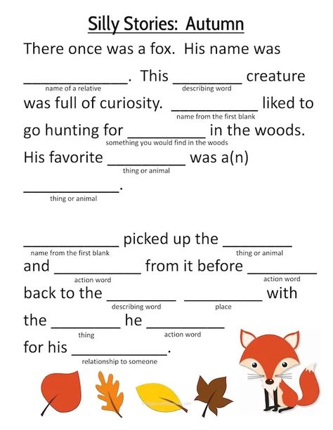 Fall Fill in the Blank Silly Stories - Classroom Freebies Fill In The Blank Story, Fill In The Blanks Story, Silly Stories, Thanksgiving Poems, Thanksgiving Stories, Describing Words, Silly Words, Fall Writing, Literature Activities