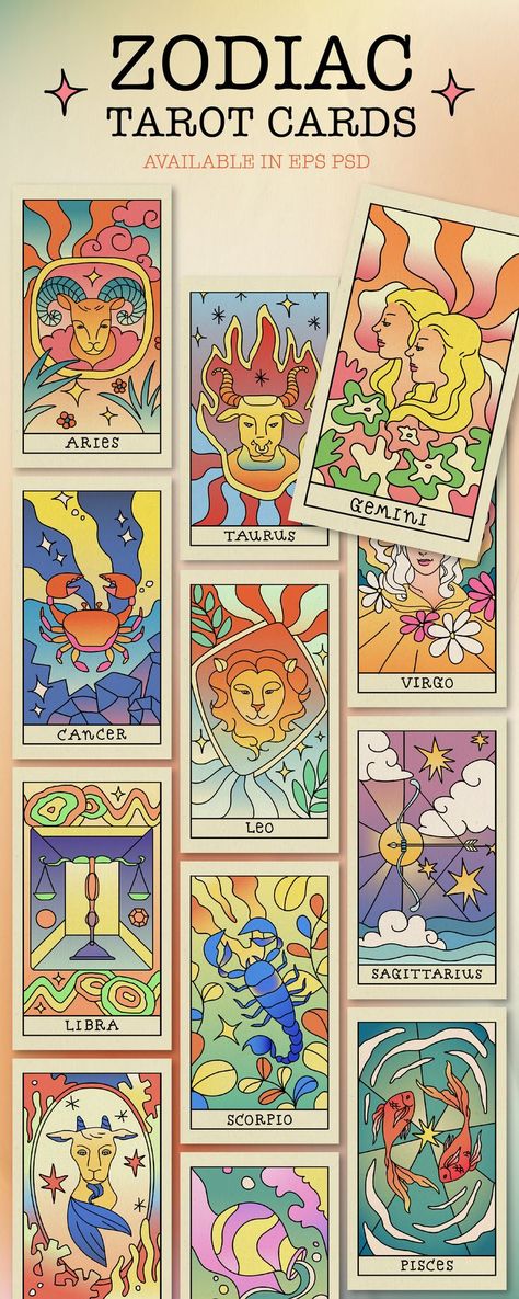 Enjoy colorful designs tarot card horoscope illustration elements set along with simple black and white doodles of 12 zodiac signs. Download these backgrounds for social media story and mobile wallpaper now! Black And White Doodles, Horoscope Illustration, Tarot Cards Art Illustration, Illustration Elements, Free Tarot Cards, Tarot Card Readings, Horoscope Art, Zodiac Cards, Zodiac Designs