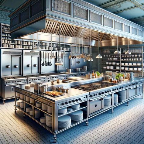 15+ Modern Restaurant Kitchen Design Ideas (2024) Modern Restaurant Kitchen Design, Fancy Restaurant Kitchen, Semi Open Kitchen Restaurant, Restaurant Kitchen Aesthetic, Live Kitchen Restaurant, Restaurant Kitchen Plan, Show Kitchen Restaurant, Open Kitchen Restaurant Design, Professional Kitchen Restaurant