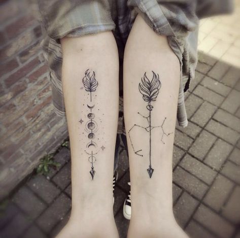 Arrow And Moon Tattoo Design, Arrow And Stars Tattoo, Moon Phases Arrow Tattoo, Moon Phase Arrow Tattoo, Feminine Moon Phase Tattoo, Scorpio Arrow Tattoo, Sun And Moon Arrow Tattoo, Saggitarius Tattoo Stars, Sagittarius Moon Tattoo