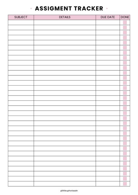 assignment tracker (pink ver) dailyplannertemplate #simpledigitalplanner🔔 Homework To Do List Printable, Homework Template Aesthetic, College Due Date Organization, Homework To Do List Aesthetic, Homework Tracker Aesthetic, Homework To Do List, Assignment Organizer, Homework Planner Template, Assignment Tracker Template