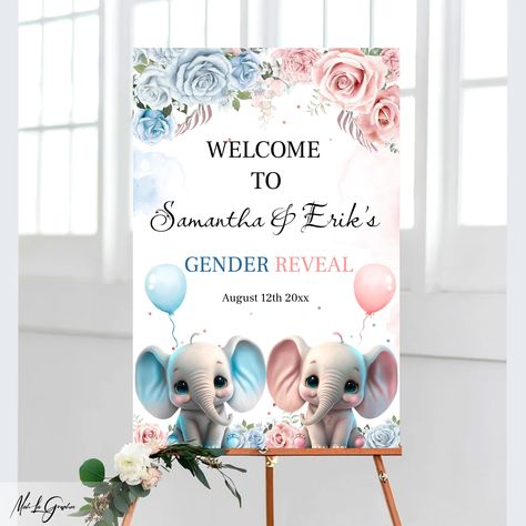 Elephant Gender Reveal, Pink And Blue Baby Shower, Gender Reveal Party Theme, Baby Shower Woodland Theme, Gender Reveal Party Decorations, Elephant Theme, Baby Gender Reveal Party, Gender Reveal Decorations, Baby Gender Reveal