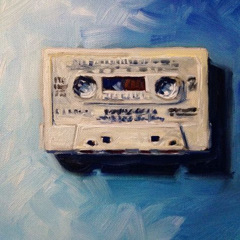 "White Cassette on Blue" 8x8 inch oil on canvas; daily painting number 70 #dailypainting #paintingaday #oilpainting #oils #80s #tapeCassette #painting #art 90s Painting Ideas Aesthetic, 80s Painting Ideas On Canvas, Retro Paintings Vintage, Old School Paintings, Music Painting Ideas Easy, Cassette Tape Painting, 80s Aesthetic Art, Music Inspired Paintings, 80s Drawings