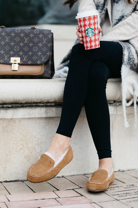 I’m sharing my latest slipper obsession on AlysonHaley.com! #koola #ad #slippers #holidaystyle Ugg Moccasins Outfit Fall, Moccasins Outfit Winter, Ugg Moccasins Outfit, Casual Slip-on Moccasins For Fall, Classic Fall Slip-on Moccasins, Comfortable Fall Slip-on Moccasins, Fall Leather Slip-on Moccasins, Ugg Slippers Outfit Leggings, Brown Slip-on Moccasins For Winter