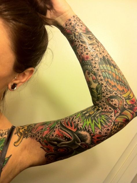 nooseneck:    Finished my second sleeve. Woo! Sleeve Background Filler Women, Dot Filler Tattoo, Star Tattoo Filler Ideas, Star Filler Tattoo Sleeve, Stars And Dots Tattoo Filler, Tattoos Eagle, Filler Tattoo Designs, Traditional Tattoo Filler, Ship Tattoos