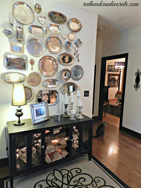 Buy thrift store silver platters and stick them on your wall for a pretty display!  #silver #silverplatters #thriftstoreplatewall Plates On The Wall, Silver Platters, Silver Trays, Silver Decor, Trendy Kitchen, Wall Display, Kitchen Wall, 인테리어 디자인, Furniture Makeover