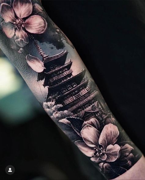 Dragon Tattoo Forearm, Japanese Temple Tattoo, Japanese Forearm Tattoo, Japanese Hand Tattoos, Samurai Tattoo Sleeve, Japanese Leg Tattoo, Arm Tattoos For Guys Forearm, Traditional Japanese Tattoo Designs, Temple Tattoo