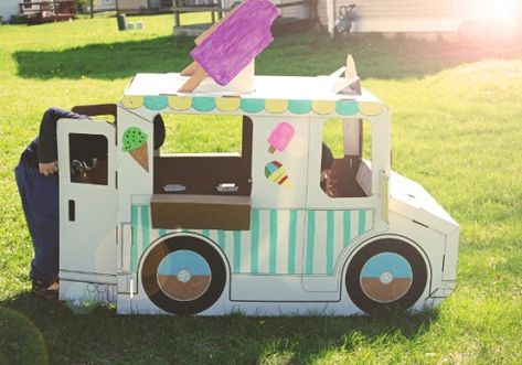 Cardboard Ice Cream Truck, perfect for play and parties. Cardboard Ice Cream, Cardboard Box Car, Cardboard Play, Cardboard Crafts Kids, Cardboard Car, Prop Box, Ice Cream Birthday Party, Cardboard Toys, Ice Cream Theme