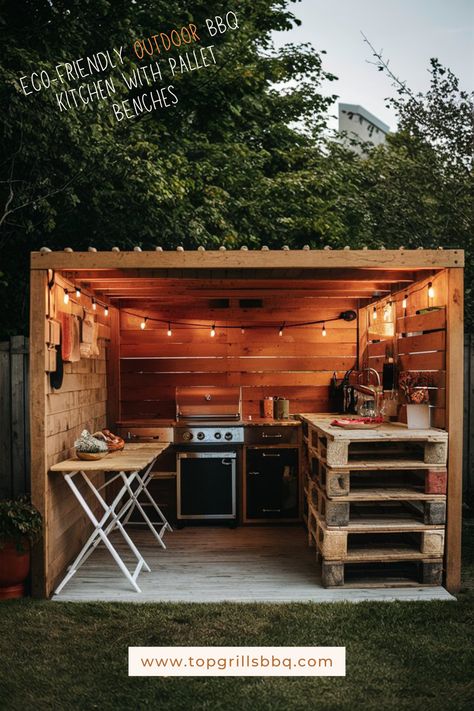 An outdoor covered bbq kitchen using pallets for the bench tops and fold up benches with hanging lights over the barbecue Outdoor Bbq Area Small Space, Diy Small Bbq Area, Outdoor Bbq Small Space, Simple Outdoor Bbq Table, Bbq Kitchen Ideas, Wooden Bbq Station, Pallet Benches, Diy Benches, Bbq Patio