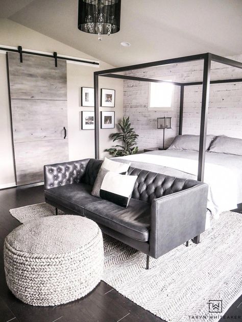 Create a cozy but modern Master Bedroom Seating Area by placing a sofa in front of a canopy and finishing it off with a textured gray ottoman and rug. #topbedroom #incrediblebedlinen Gray Ottoman, Bedroom Seating Area, Corner Seating, Bedroom Couch, Bedroom Seating, Floor Seating, Trendy Bedroom, Modern Seating, Master Bedrooms Decor