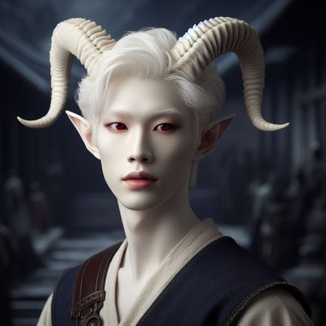 Dnd Albino Character, White Horns Demon, Grey Tiefling Male, Male Alien, Tiefling White Hair Male, Magic Steampunk, White Hair Vampire Male, Male Tiefling, White Demon