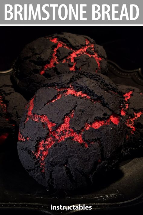 Brimstone Bread Recipe, Halloween Brimstone Bread, Emo Desserts, Black Colored Snacks, Goth Picnic Food, Gothic Food Recipes, Gothic Food Ideas, Black Halloween Food, Spooky Baked Goods