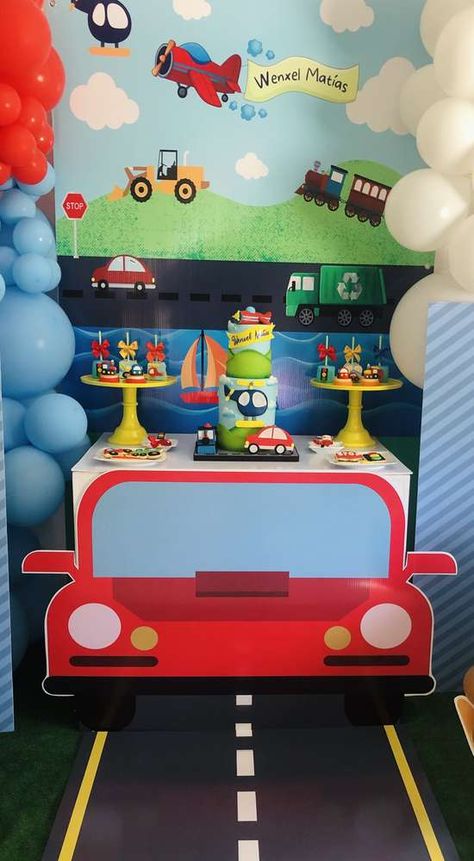 Transportation Themed Birthday Party Ideas | Photo 8 of 8 Birthday Decoration For Car, Baby Boy 3rd Birthday Themes, Vehicle Theme Birthday Party Decorations, Transportation Party Decorations, Transport Birthday Party Ideas, Car Theme Birthday Party Decorations, Birthday Decoration Ideas For Boys, Transportation Party Ideas, Boys Birthday Theme Ideas