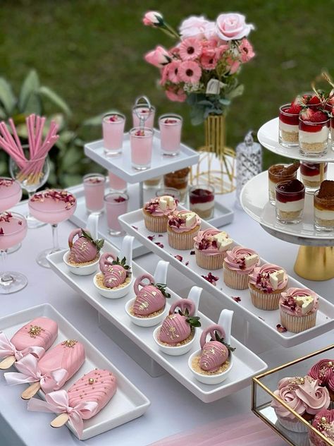 Sweet Sixteen Tea Party Ideas, Bridgerton Dessert Table, Pink Dessert, Sweet Sixteen Birthday Party Ideas, Pink Desserts, Catering Display, Birthday Inspiration, Event Menu, Shower Desserts