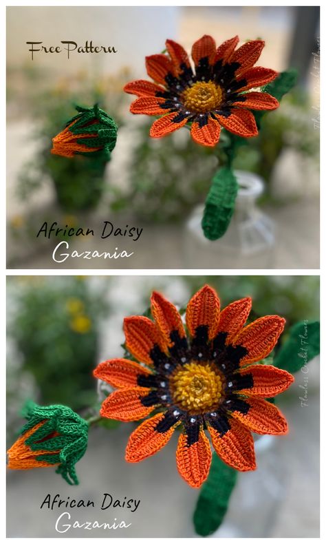 African Daisy Gazania Free Crochet Pattern - DIY Magazine African Daisy, Crochet Garden, Crochet Flowers Easy, Crochet Flowers Free Pattern, Yarn Flowers, Crochet Bouquet, Crochet Plant, Crochet Daisy, Knitted Flowers