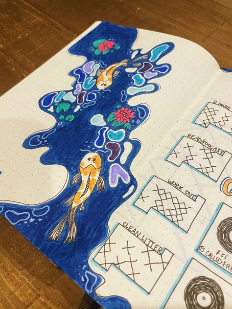 Geography Book Cover Design, Koi Pond Drawing Simple, Ocean Themed Journal, Pool Bullet Journal Theme, Ocean Journal, Paw Patrol Party Invitations, April Bullet Journal Cover, Water Log Bullet Journal, Ocean Theme Bullet Journal