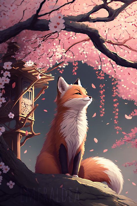 Fox and the Sakura blooming, anime style Anime Fox Animal, Sakura Kitsune, Fox Fanart, Fox Background, Fox Anime, Fox Aesthetic, Wolf Art Fantasy, Cute Fox Drawing, Fox Wallpaper