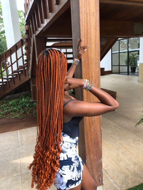 Ginger Braid Hairstyles For Black Women, Ginger Hair Knotless Braids, Black Ginger Braids, Ginger Braids Black Women Black Roots, Dark Ginger Hair Black Women Braids, Box Braids Ginger Color, Ginger Braids With Curls At The End, How To Get Ginger Hair Colour, Dark Orange Braids