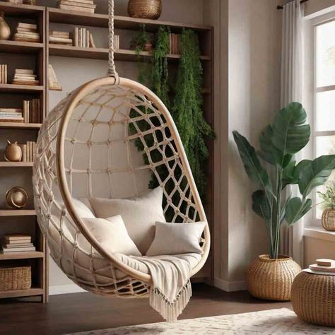 Reading Nook Hanging Chair, Hanging Chairs Playroom, Indoor Swings For Adults Living Room, Hanging Chair In Living Room, Indoor Swing Living Room, Reading Corner For Adults, Room Swing Chair, Hanging Chair Living Room, Reading Corner Ideas For Adults