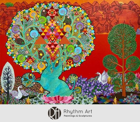 This Kalpavriksha painting is a vibrant composition of diverse personal religious experiences from nature-based sources including trees, Gods, totems, and Goddesses from Hindu mythology. This painting works to convey the duality of belief and represents the auspicious power of the bounties of nature in a powerful idealized form. Message us for more information! WhatsApp: +91 9819187697 - Bhavya Gala Email: bhavya@rhythmartgallery.com Rhythm Art, Painting Words, Hindu Mythology, Starry Night, Art Gallery, Trees, Art, Nature