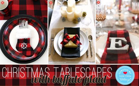 Red and black buffalo plaid Christmas table decorations #plaidchristmas Red Table Decorations, Red Black White Christmas, Winter Table Decorations, Christmas Party Table, Buffalo Plaid Christmas Decor, Buffalo Plaid Christmas Tree, Buffalo Plaid Decor, Farmhouse Style Christmas, Holiday Dinner Party