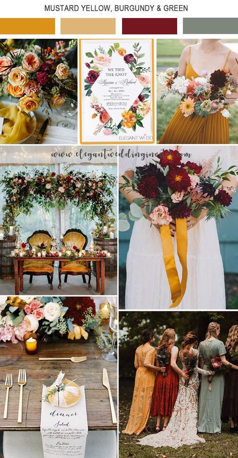 bold mustard yellow and dark red fall wedding color ideas Wedding Mustard Yellow, Muted Color Wedding Theme, Mustard Yellow Wedding Decor, Marigold Wedding Colors, Mustard Yellow Wedding Theme, Mustard Wedding Colors, Yellow Rustic Wedding, Red Fall Wedding, Bold Wedding Colors