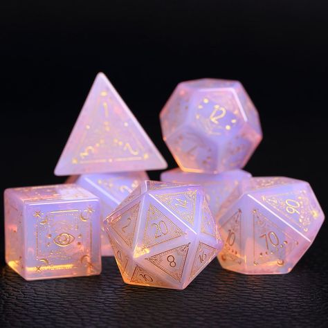 Details - Luxury Opal Gemstone Dice - Seven precious polyhedral dice - Hand-made and hand-raised - Recommended for use in dice trays Size of each dice: D4 = 16 mm D6 = 16 mm D8 = 16 mm D10 = 16 mm D% = 16 mm D12 = 18 mm D20 = 18 mm Pretty Dnd Dice, Dnd Dice Aesthetic, Cool Dice, Cool Dnd Dice, Pretty Dice, Dice Goblin, Dnd Crafts, Hand Raised, Dungeons And Dragons Dice