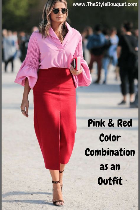 Pink & Red Mix & Match Outfit Combination Pink Street, Mode Tips, Women Ideas, Moda Paris, Colour Blocking, Red Skirt, Spring Look, Looks Street Style, Modieuze Outfits