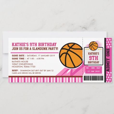 $ 3.4 | Pink Basketball Ticket Pass Birthday Invitation - zgroupon, first birthday, 1st birthday, basketball theme invitation, basketball, basketball invitation, ticket, basketball ticket invitation, basketball ticket birthday invitations, slam dunk invitation Basketball Invitations, Ticket Template Free, Couples Baby Shower Invitations, Basketball Tickets, Pink Basketball, Star Birthday Party, Sports Baby Shower, Sports Theme Birthday, Basketball Party