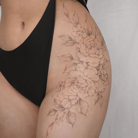 Tattoo uploaded by Yuhwa • @tattooist_yuhwa #flowertattoo #floraltattoo #rosetattoo #peonytattoo #koreatattoo #koreantattoo #seoultattoo #finelinework #finelinetattoo #linework #blackwork • 1284964 • Tattoodo Small Hip Tattoos Women, Flower Hip Tattoos, Hip Tattoo Designs, Floral Thigh Tattoos, Flower Thigh Tattoos, Hip Thigh Tattoos, Thigh Tattoo Designs, Hip Tattoos Women, Inspiration Tattoo