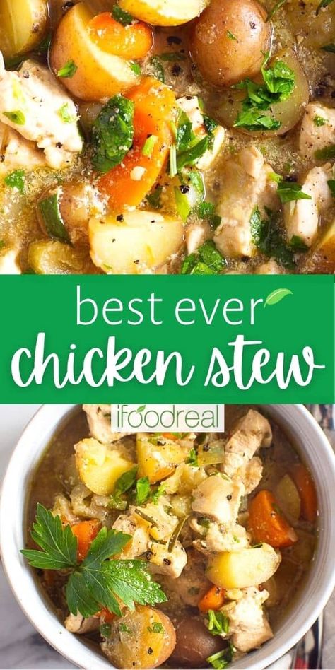 This quick and easy one-pot Chicken Stew is made with chicken, potatoes, and carrots simmered in a deliciously seasoned broth and garnished with fresh herbs. Enjoy with crusty bread for a savory and comforting meal! Chicken Potatoes And Carrots, Best Chicken Stew, Easy Chicken Stew, Easy Stew Recipes, Pecan Pie Muffins, Chicken Stew Recipe, Quinoa Burger, Ic Recipes, Pie Muffins