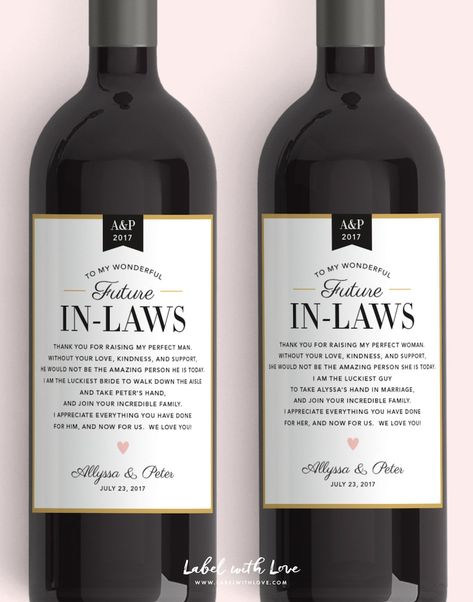 In Law Wine Labels Wedding Thank You Gift Parents of the Bride and Groom Mother in Law Father in Law Gift Thank You - Etsy Parents Of The Bride, Father In Law Gifts, Wedding Gifts For Bride And Groom, Wedding Wine Labels, Gifts For Parents, Custom Wine Labels, Wedding Thank You Gifts, Wedding Gifts For Parents, Best Wedding Gifts