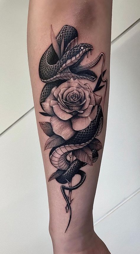 Snake And Rose Tattoo, Skull Rose Tattoos, Tattoos To Cover Scars, Timeless Tattoo, Tattoos Infinity, Rose Tattoos For Men, Tattoos Mandala, Forarm Tattoos, Snake Tattoo Design