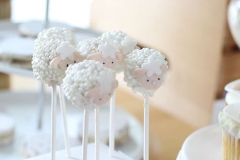 Lamb Cake Pops, Farm Party Foods, Baptism Themes, Sheep Cake, Baptism Party Ideas, Lamb Cake, Baby Lamb Baby Shower, Baby Tea, Wedding Cake Pops