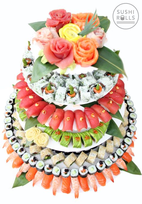 Sushi Wedding Cake from sushirolls.co.uk. A sushi catering company based in London. Sushi Wedding, Wedding Reception Appetizers, Sushi Catering, Wedding Buffet Food, Appetizer Buffet, Dessert Sushi, Sushi Cake, Wedding Cake Prices, Types Of Sushi