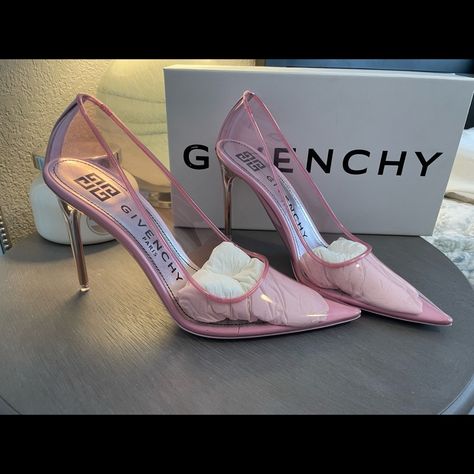 Givenchy Couture Stiletto Pumps In Pink Pink Pvc Upper With Leather Sole. Made In Italy. Approx 100mm/ 4 Inch Heel. Translucent Heel. Tonal Leather Accent At Back Counter. Baby Pink Color. Give-Wz265. Be401ne0p2. About The Designer: Hubert De Givenchy Founded His Namesake Fashion House Specializing In Haute Couture And Ready-To-Wear In 1952. No Sooner Did It Open Than Givenchy Earned A Reputation For Breaking With The Fashion Codes Of Its Time. Today, The House Is Synonymous With Aristocratic El Christine Chiu, Medicine Aesthetic, Givenchy Heels, Luxury High Heels, Pink Pvc, Givenchy Couture, Fancy Heels, Baby Pink Color, Givenchy Shoes