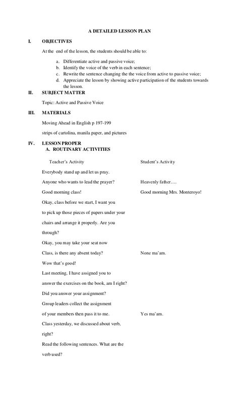 Detailed lesson plan in active and passive Elements Of Short Story, Grade 1 Lesson Plan, Eng Grammar, High School English Lesson Plans, High School English Lessons, Active And Passive Voice, Lesson Plan Examples, Passive Voice, High School Lesson Plans