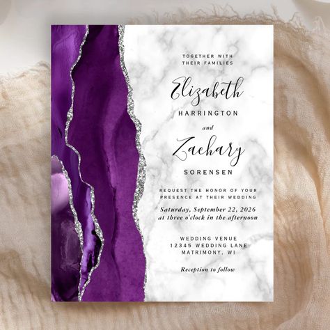 Budget Purple Silver Agate Marble Wedding Invite | Zazzle Purple Silver Wedding, Geode Wedding Invitations, Black White And Purple Wedding Invitations, Purple Teal Wedding Invitations, Amethyst Wedding Invitations, Agate Wedding Invitation, Purple And Silver Wedding, White Marble Background, Elegant Modern Wedding