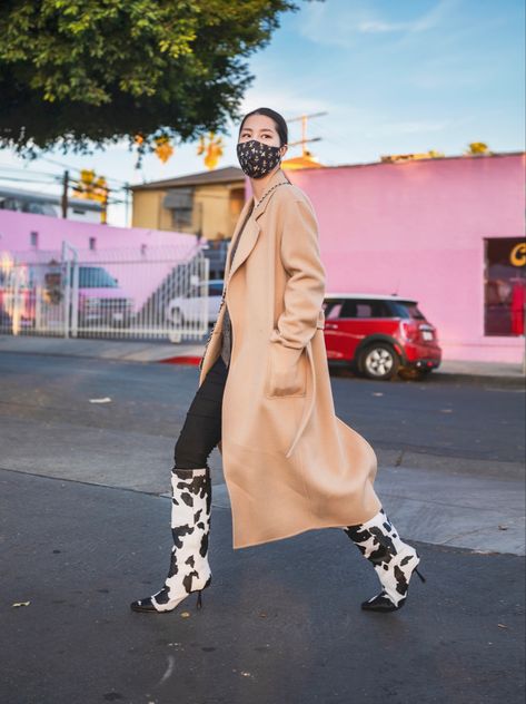 Wool coat on cow print boots #ootd #streetwear #whatiwore #winteroutfits #songofstyle #revolve #fallfashion Cow Print Boots Outfit, Print Boots Outfit, Cow Print Boots, Boots Ootd, Ootd Streetwear, Print Boots, Booties Outfit, Boots Patterns, Boot Print