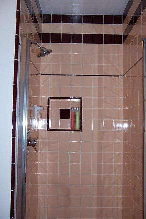 Marsha saves her peach tile bathroom with help from B&W Tile - Retro Renovation 1960s Pink Bathroom, Peach Tile Bathroom, Midcentury Tile, Ceramic Tile Bathroom, Bathroom 2022, Pink Ceramic Tile, 1950s Bathroom, Pink Bathrooms, Tiled Bathrooms