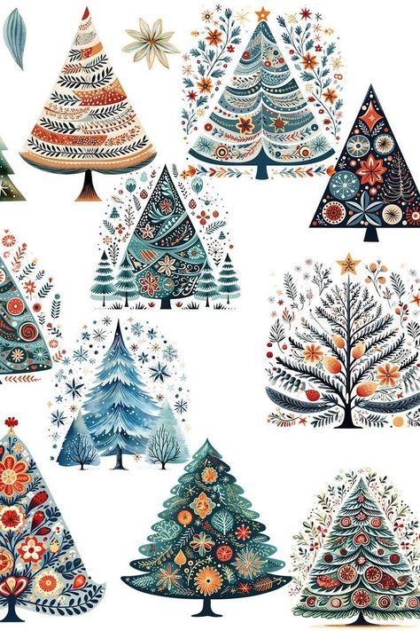 Cute Xmas Tree Drawing, Scandinavian Christmas Pattern, Xmas Ornaments Diy Ideas, Scandinavian Christmas Art, Scandinavian Christmas Illustration, Yule Images, Scandinavian Folk Art Patterns, Xmas Moodboard, Folk Art Trees